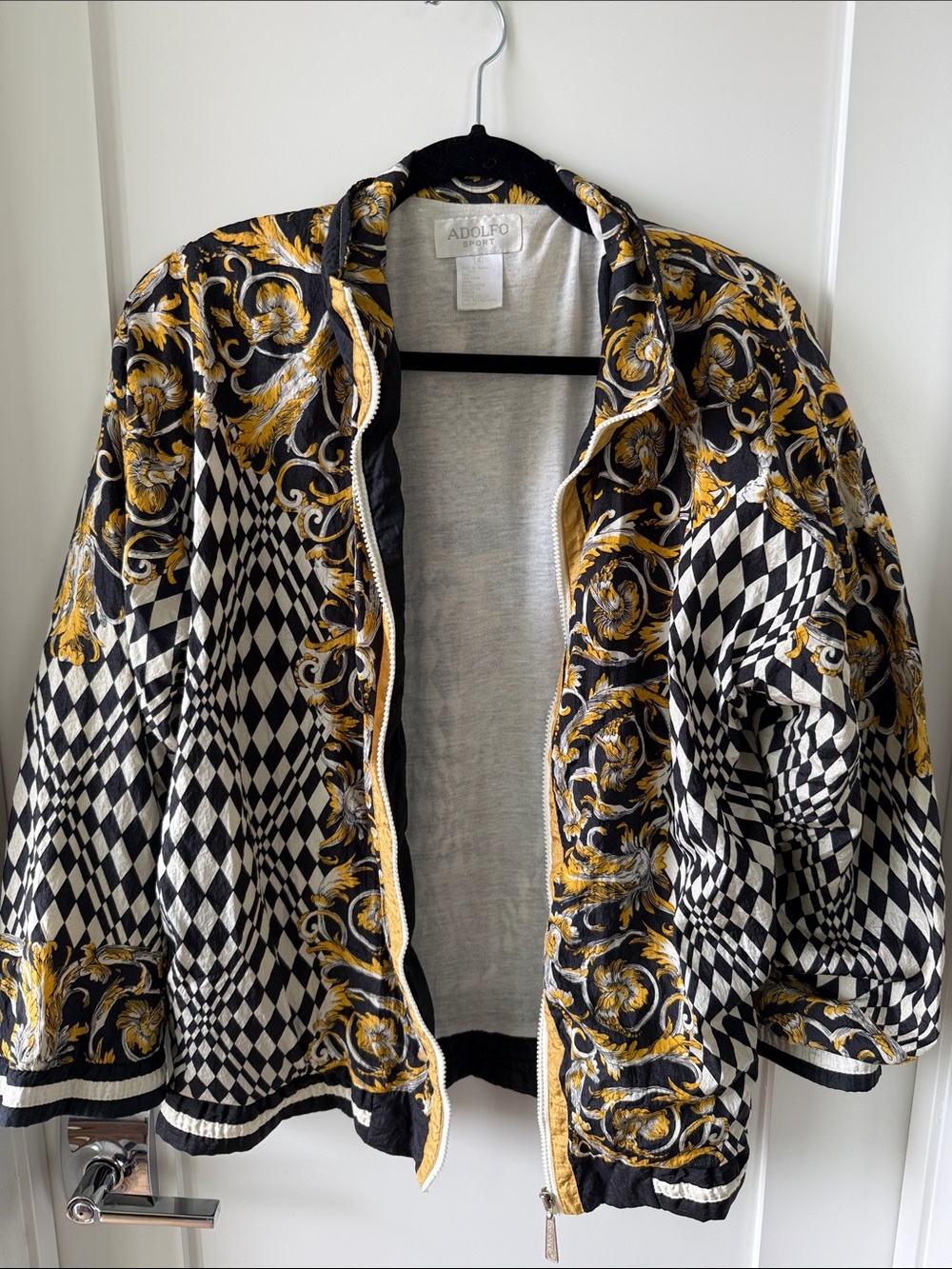 Adolfo Black, White & Gold Ornate Checker Bomber Jacket